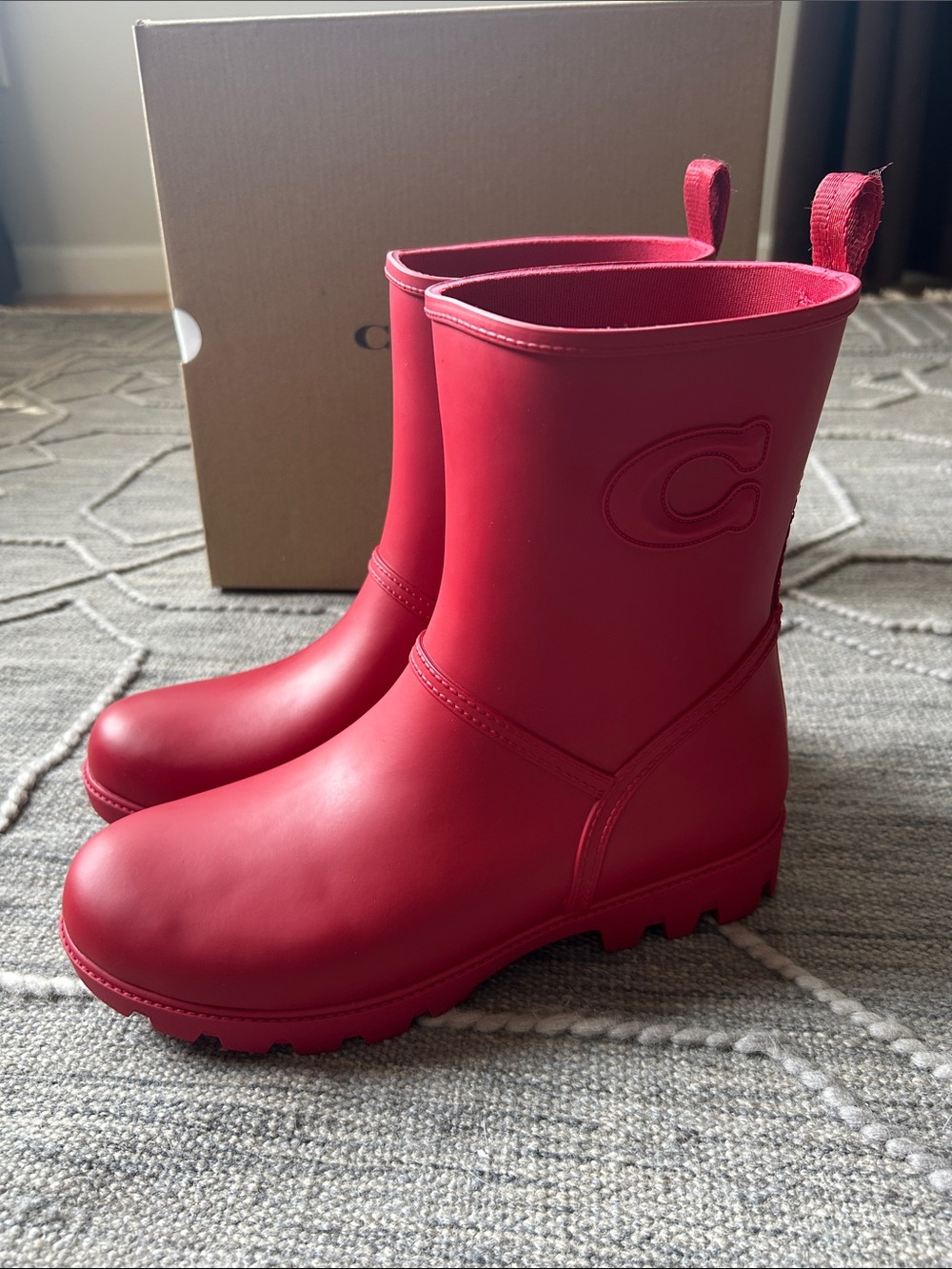 Coach Ryder Mid-Calf Ruby Red Rain Boots with Embossed C
